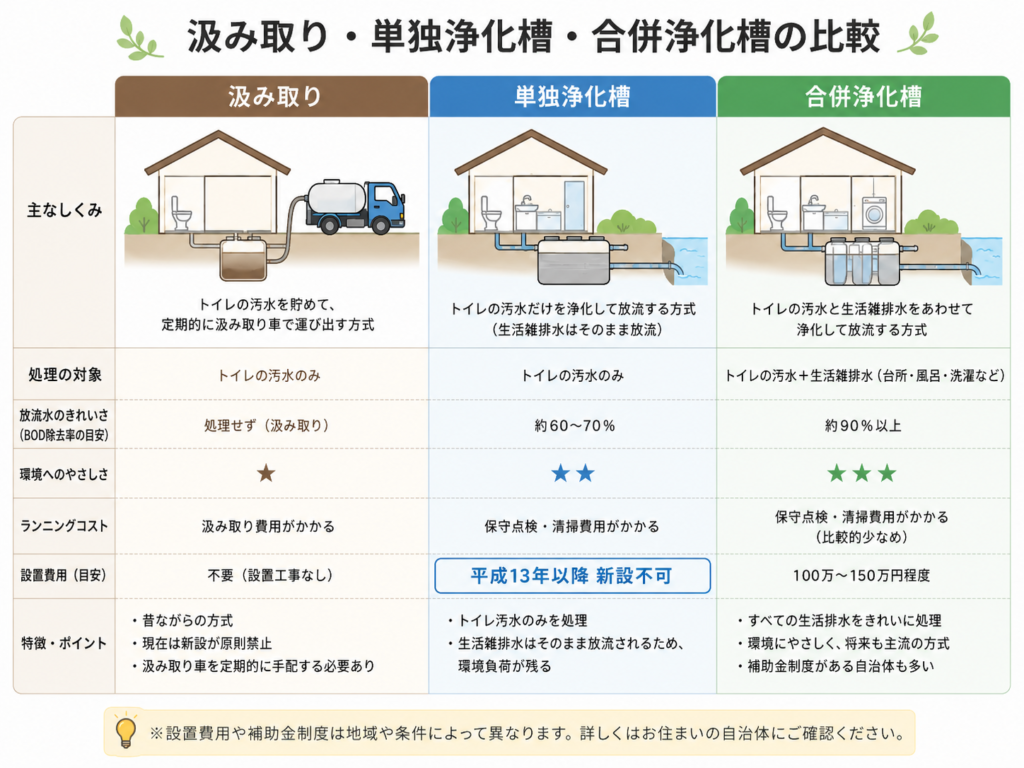 汲み取り・単独浄化槽・合弁浄化槽の比較図解